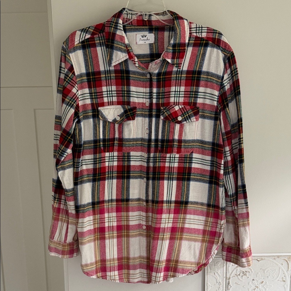Panache Womens Red White‎ Plaid Dip Dye Ombre Cotton Flannel Button Down Shirt M